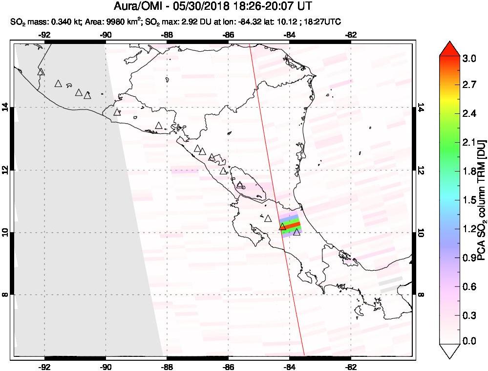A sulfur dioxide image over Central America on May 30, 2018.
