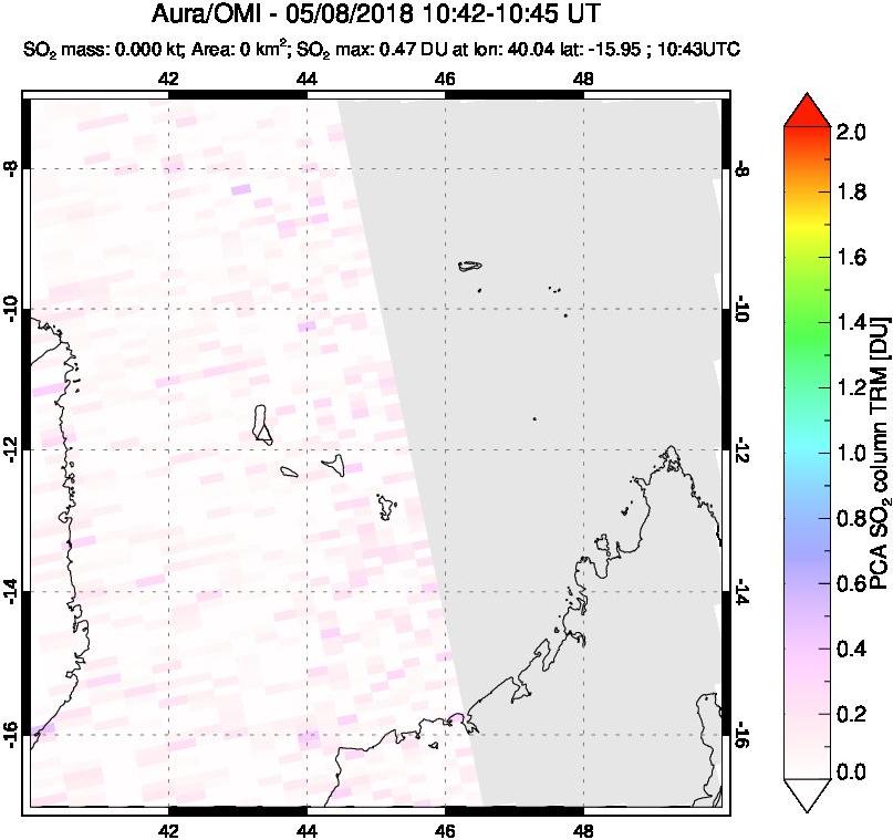A sulfur dioxide image over Comoro Islands on May 08, 2018.