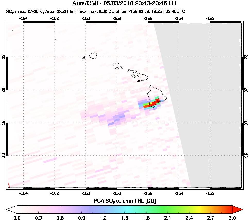 A sulfur dioxide image over Hawaii, USA on May 03, 2018.