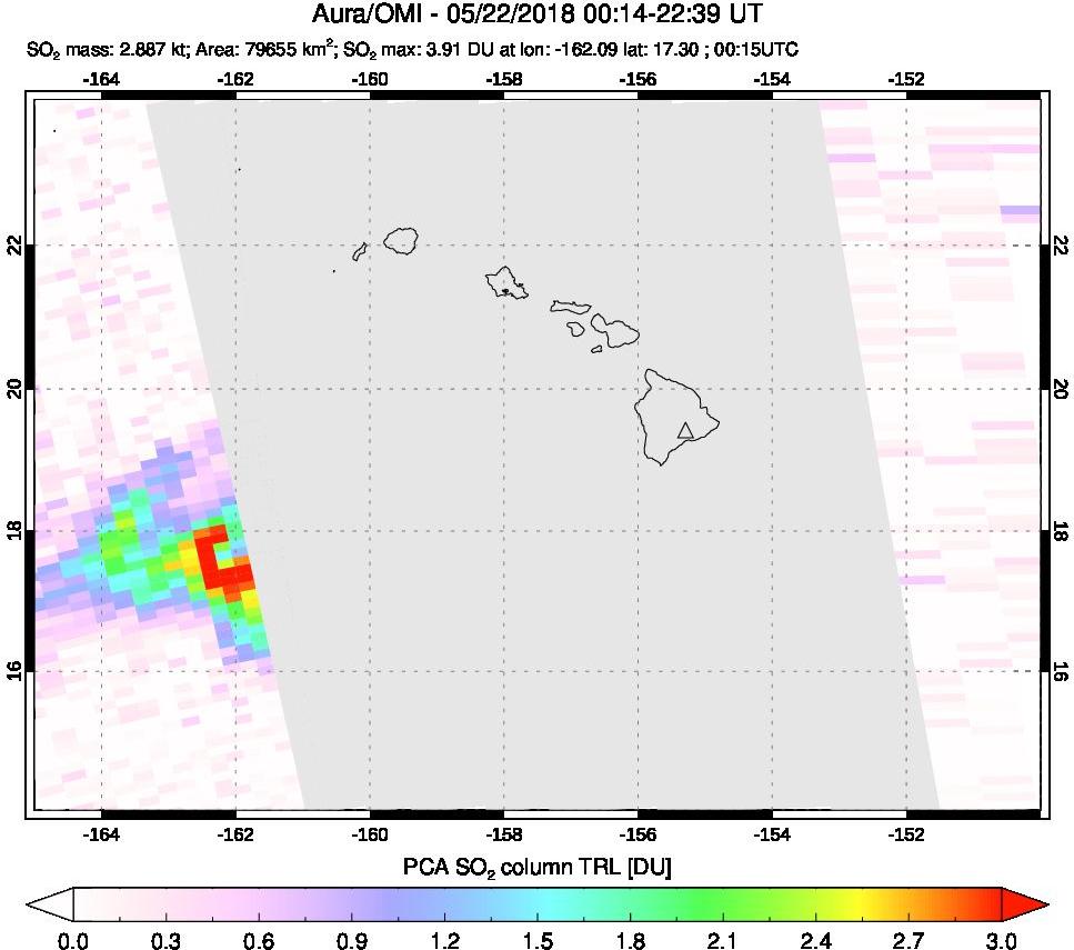 A sulfur dioxide image over Hawaii, USA on May 22, 2018.