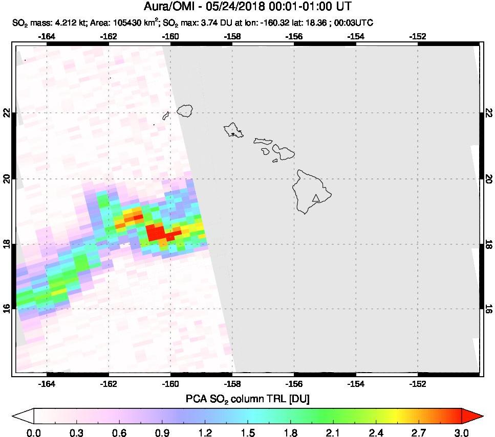 A sulfur dioxide image over Hawaii, USA on May 24, 2018.