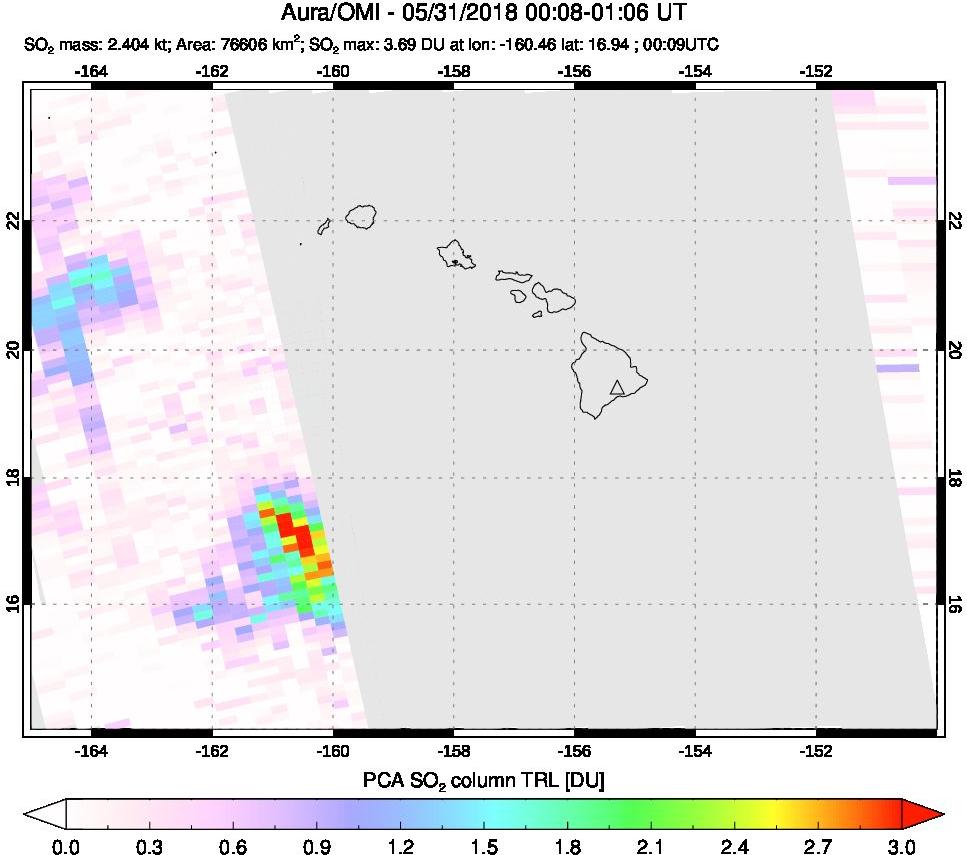 A sulfur dioxide image over Hawaii, USA on May 31, 2018.