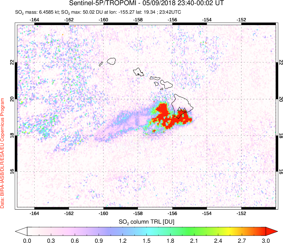 A sulfur dioxide image over Hawaii, USA on May 09, 2018.