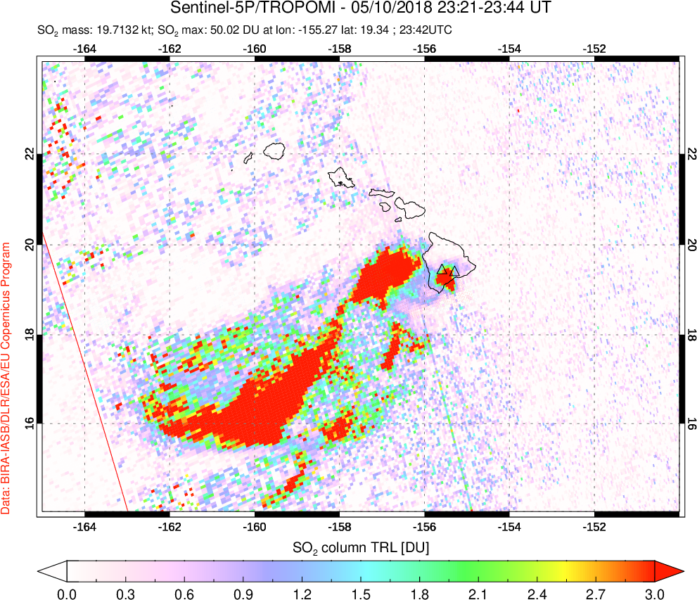 A sulfur dioxide image over Hawaii, USA on May 10, 2018.