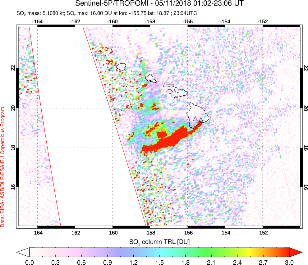 A sulfur dioxide image over Hawaii, USA on May 11, 2018.