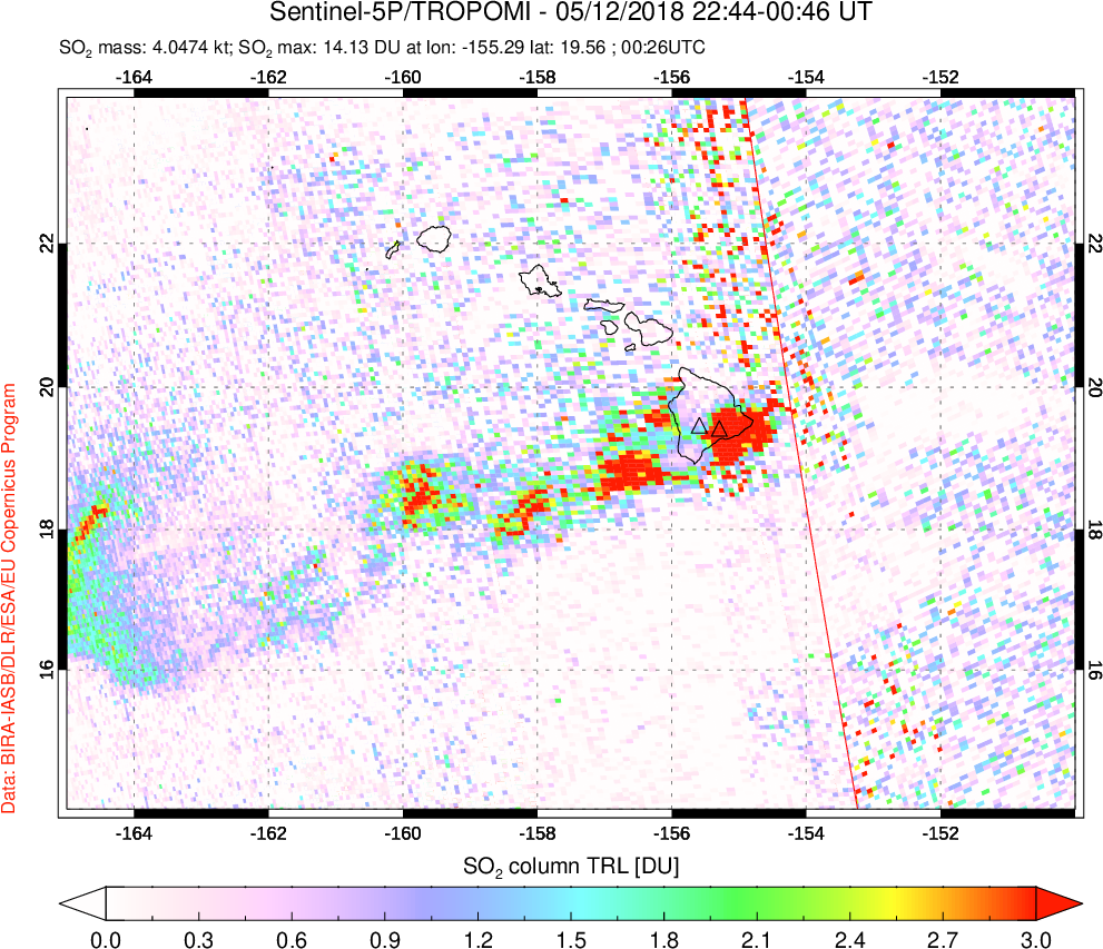 A sulfur dioxide image over Hawaii, USA on May 12, 2018.