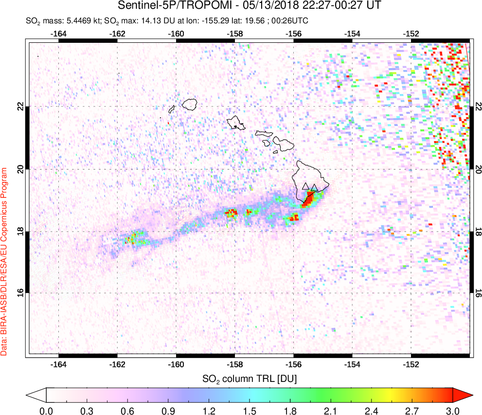A sulfur dioxide image over Hawaii, USA on May 13, 2018.