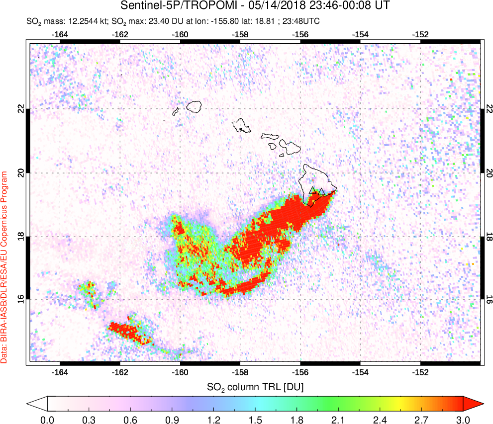 A sulfur dioxide image over Hawaii, USA on May 14, 2018.