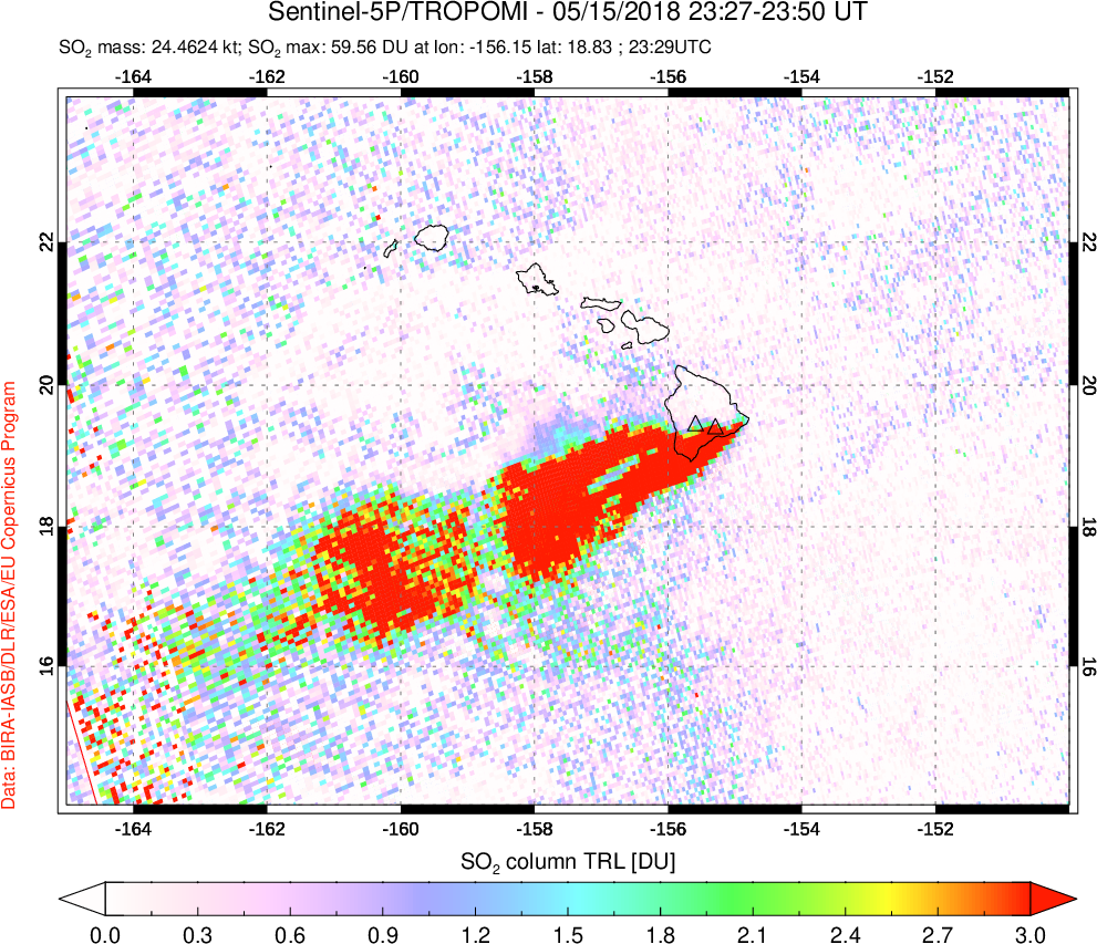 A sulfur dioxide image over Hawaii, USA on May 15, 2018.