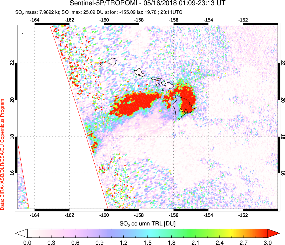 A sulfur dioxide image over Hawaii, USA on May 16, 2018.