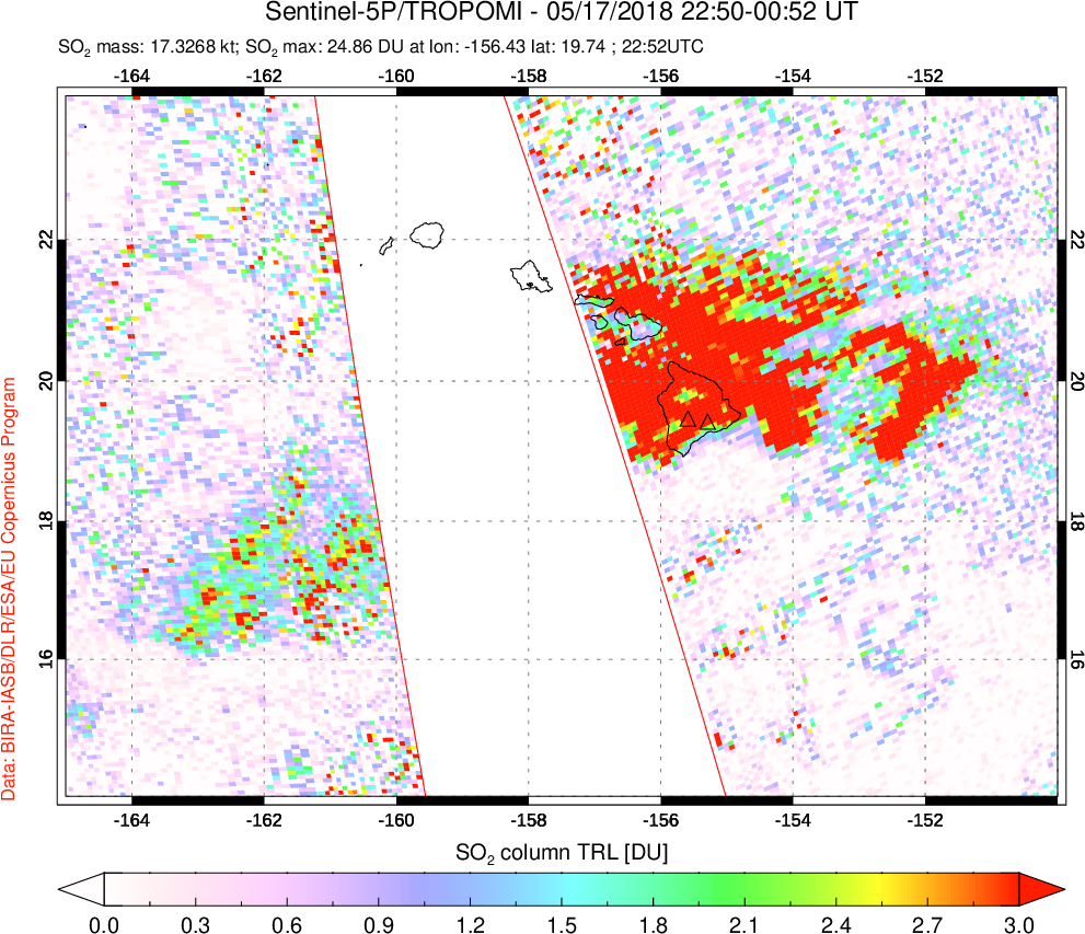 A sulfur dioxide image over Hawaii, USA on May 17, 2018.