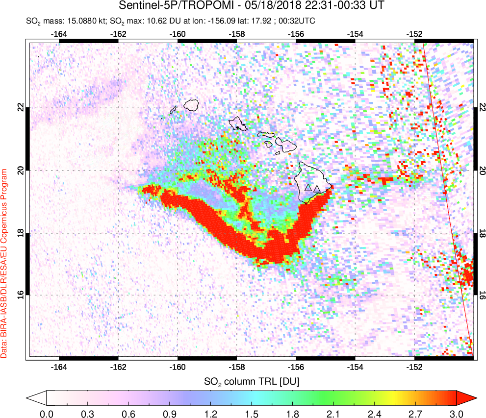 A sulfur dioxide image over Hawaii, USA on May 18, 2018.