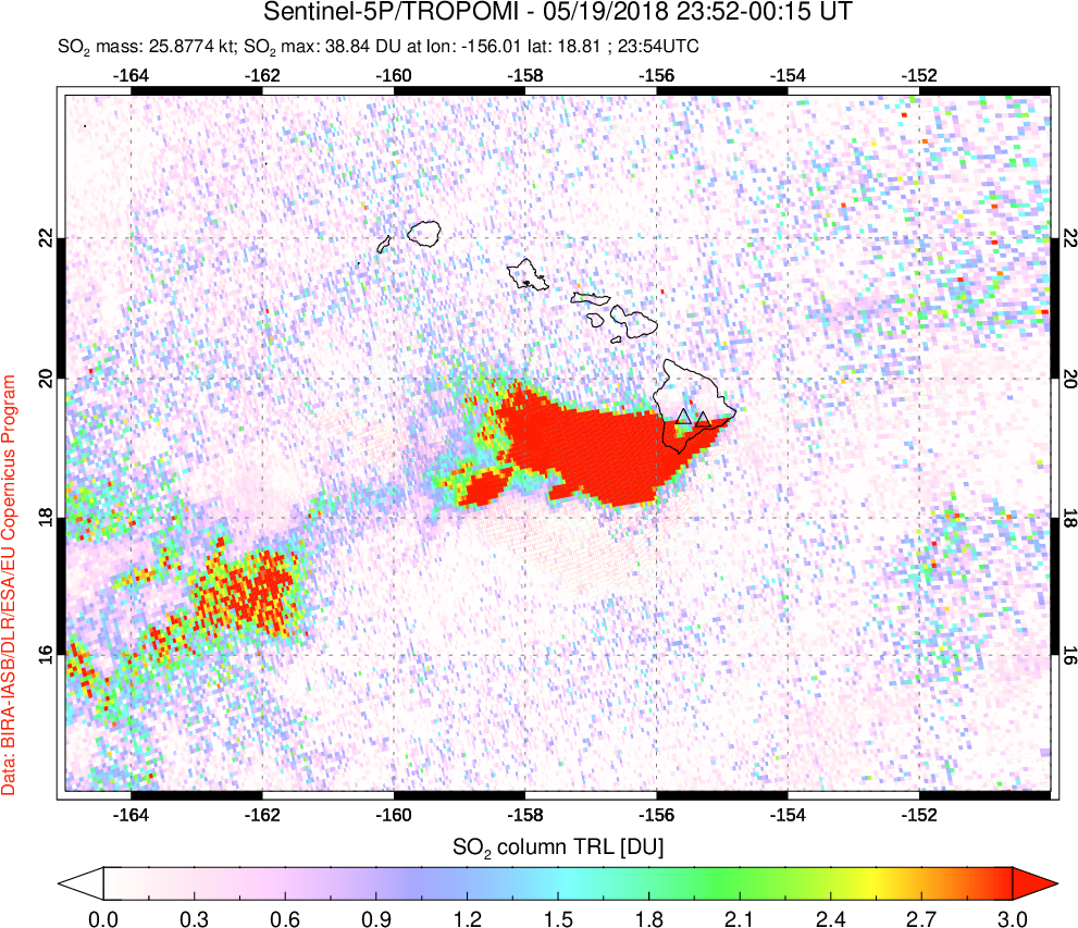 A sulfur dioxide image over Hawaii, USA on May 19, 2018.