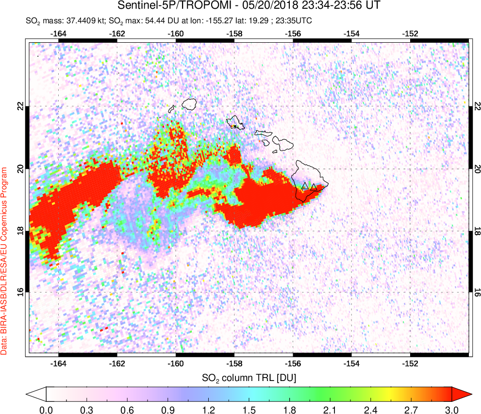 A sulfur dioxide image over Hawaii, USA on May 20, 2018.
