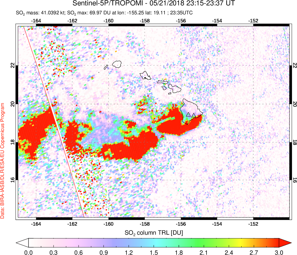 A sulfur dioxide image over Hawaii, USA on May 21, 2018.