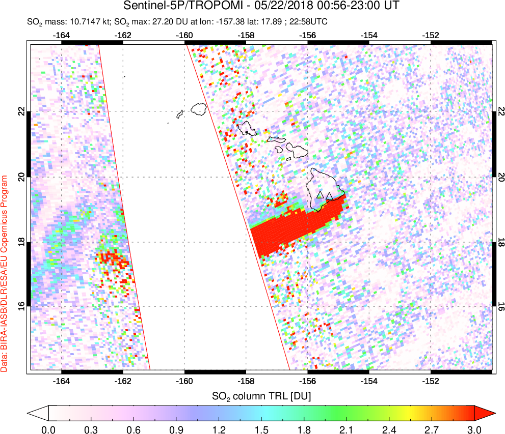 A sulfur dioxide image over Hawaii, USA on May 22, 2018.