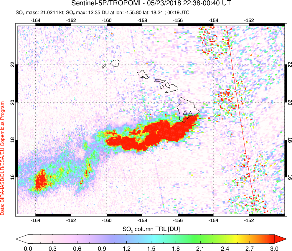 A sulfur dioxide image over Hawaii, USA on May 23, 2018.
