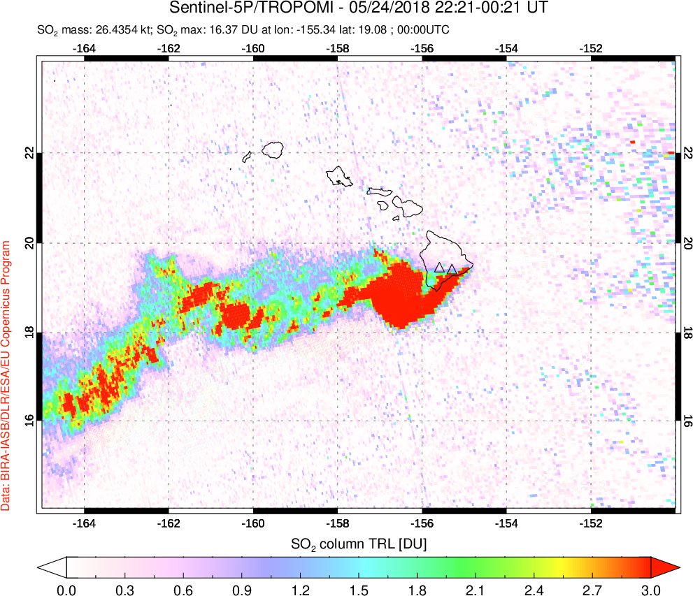 A sulfur dioxide image over Hawaii, USA on May 24, 2018.