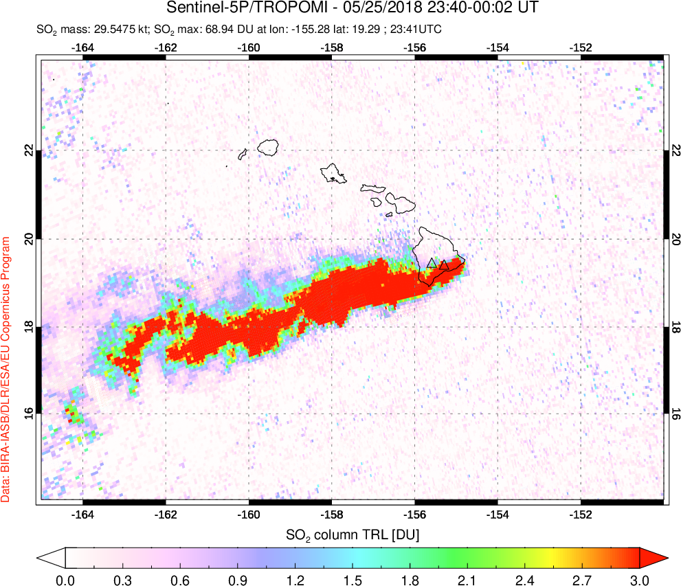 A sulfur dioxide image over Hawaii, USA on May 25, 2018.
