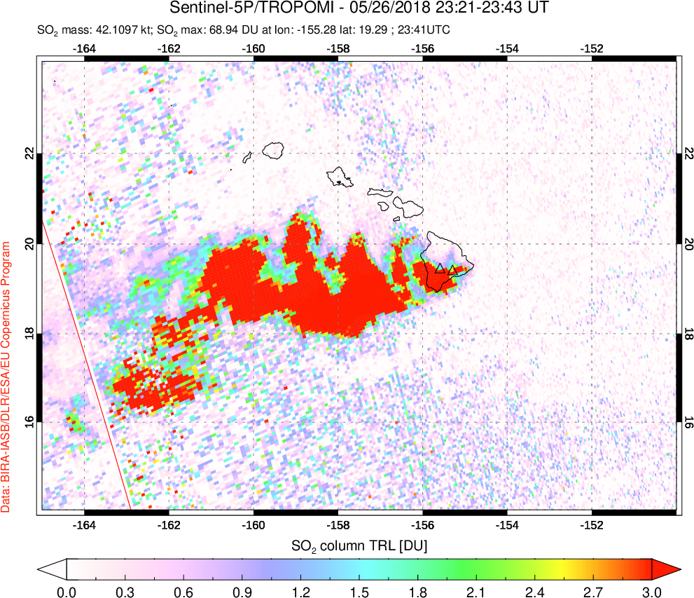 A sulfur dioxide image over Hawaii, USA on May 26, 2018.