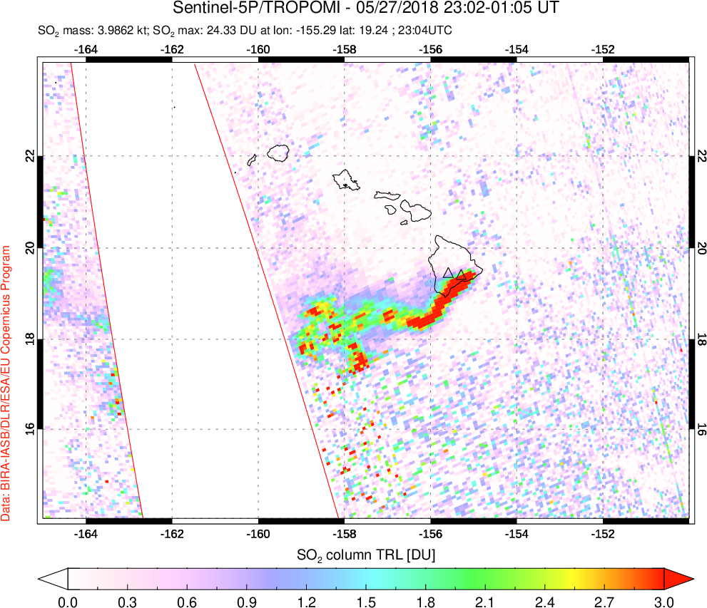 A sulfur dioxide image over Hawaii, USA on May 27, 2018.