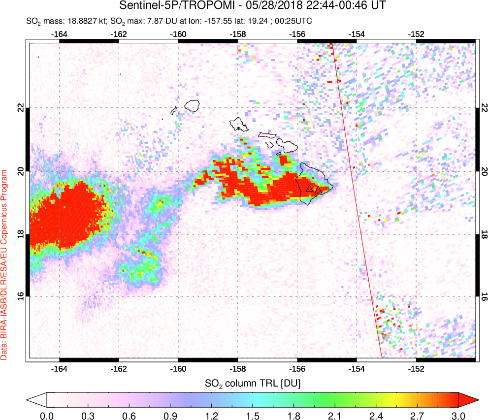 A sulfur dioxide image over Hawaii, USA on May 28, 2018.