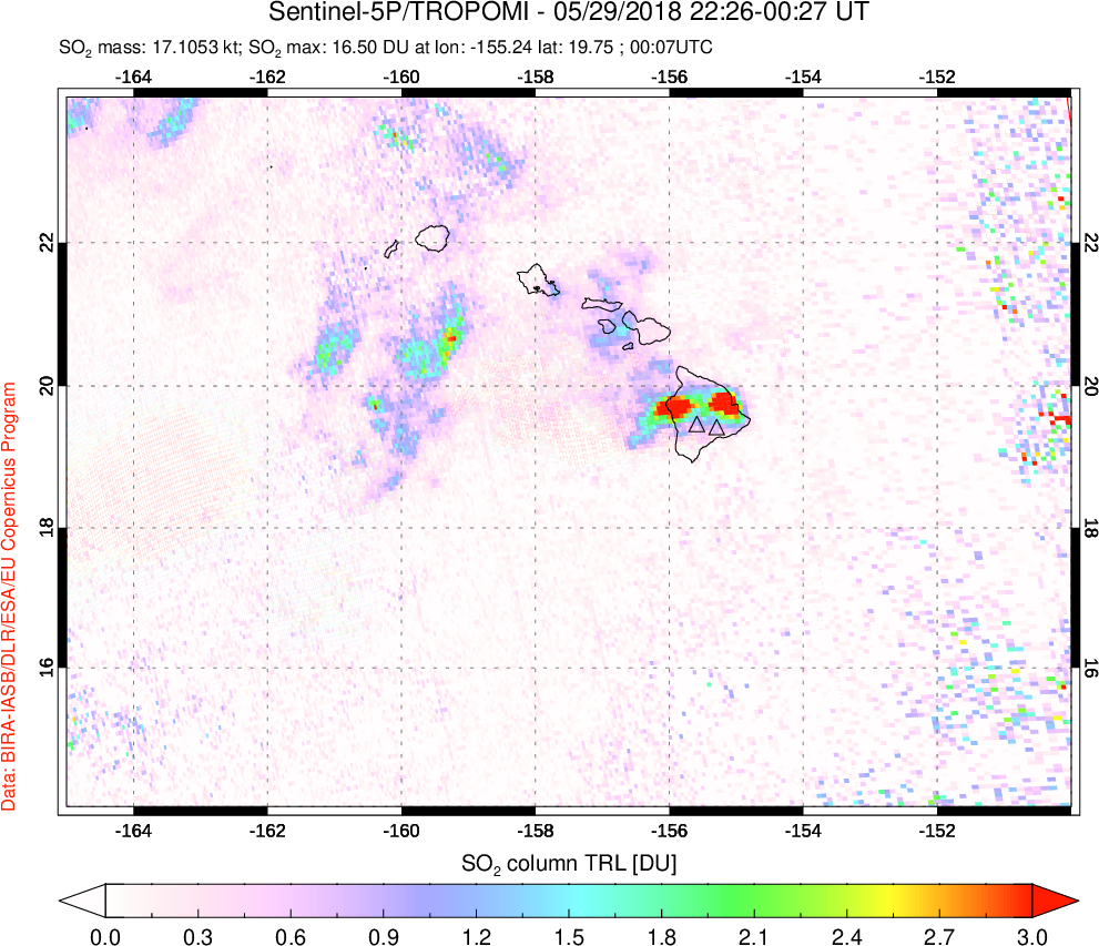 A sulfur dioxide image over Hawaii, USA on May 29, 2018.