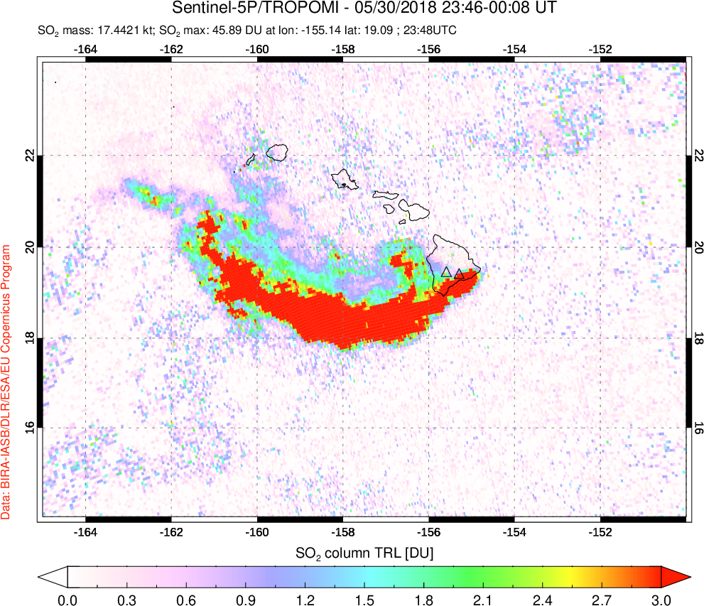 A sulfur dioxide image over Hawaii, USA on May 30, 2018.