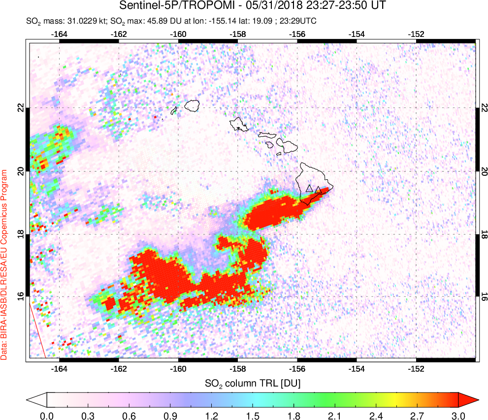 A sulfur dioxide image over Hawaii, USA on May 31, 2018.
