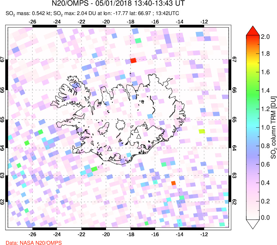 A sulfur dioxide image over Iceland on May 01, 2018.