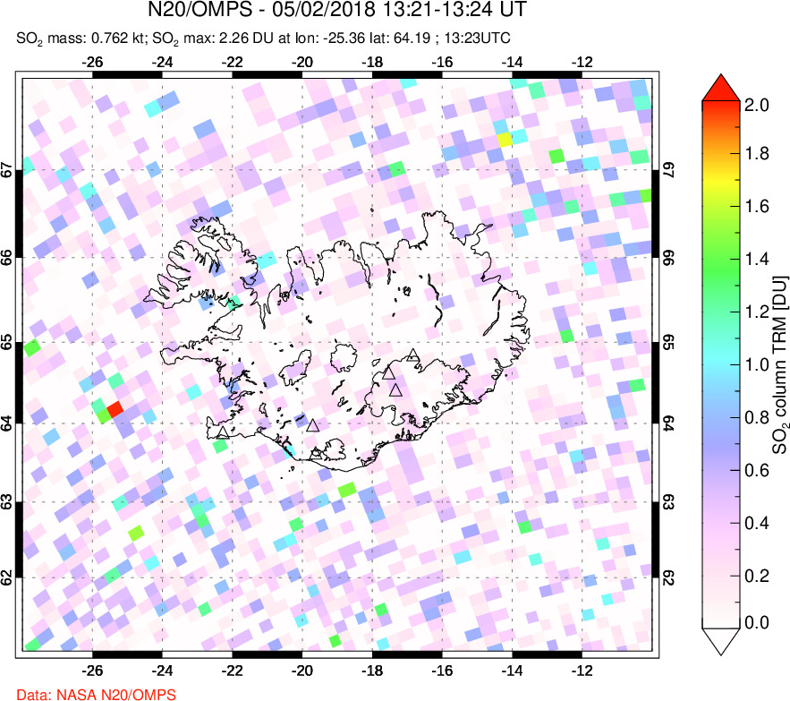 A sulfur dioxide image over Iceland on May 02, 2018.