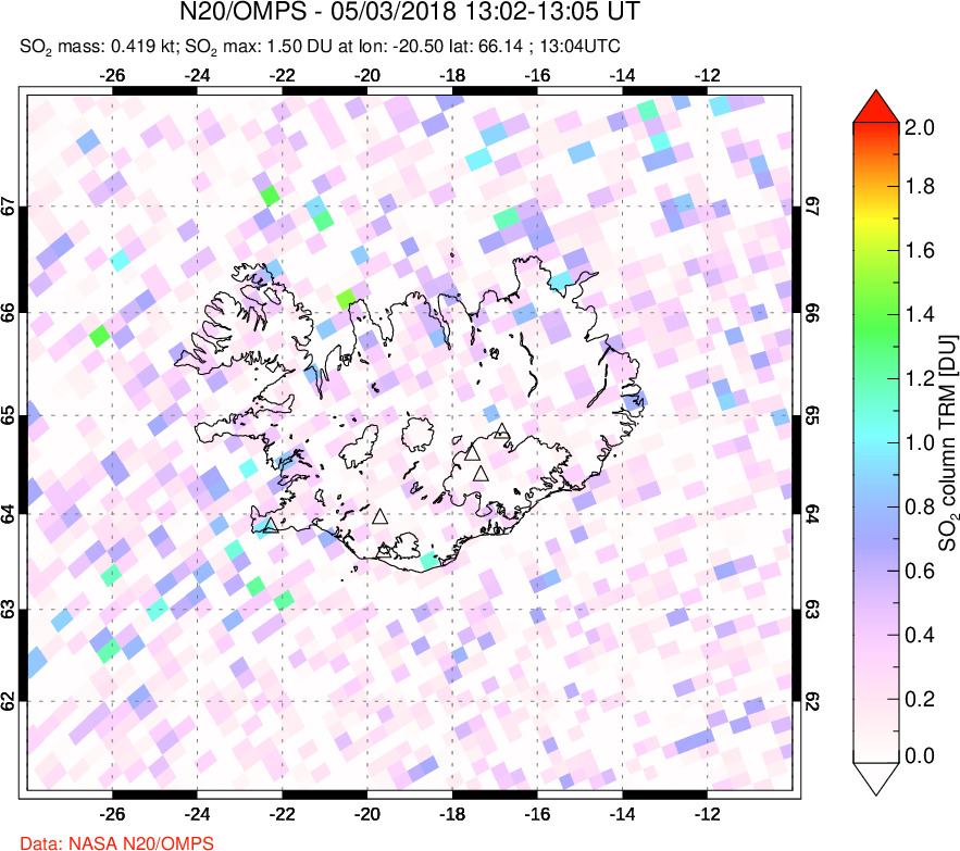 A sulfur dioxide image over Iceland on May 03, 2018.