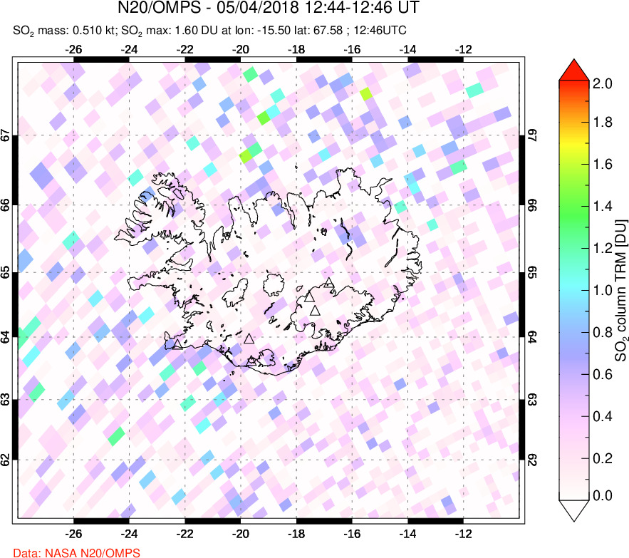 A sulfur dioxide image over Iceland on May 04, 2018.
