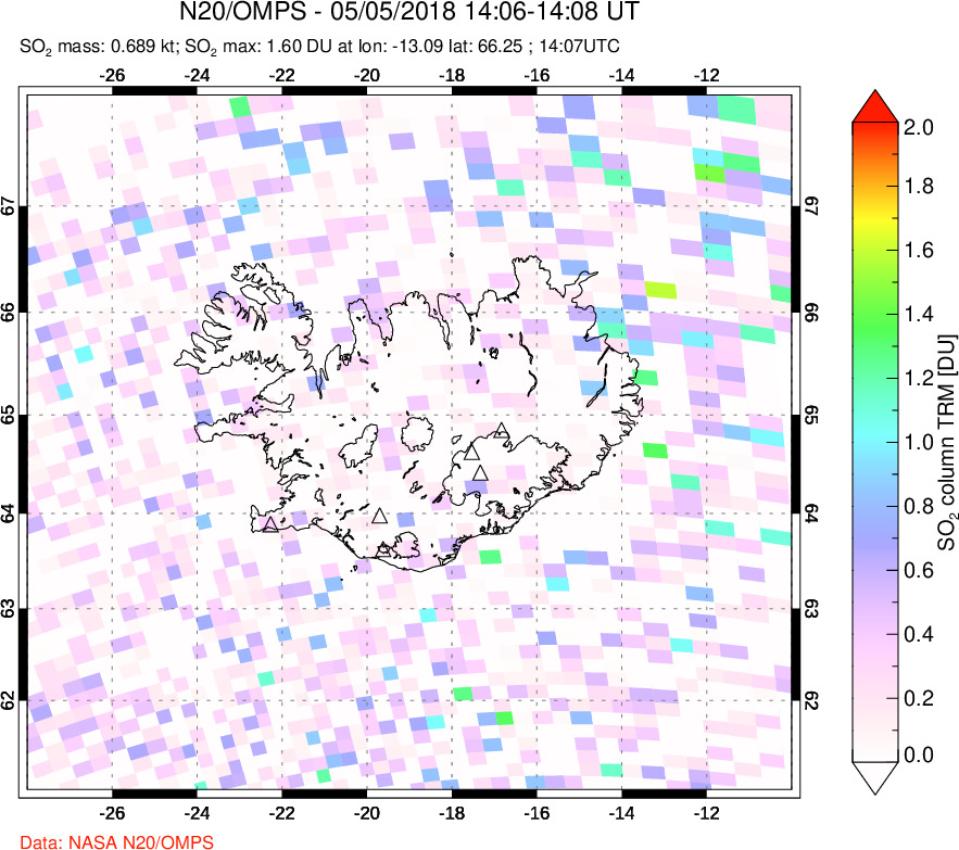 A sulfur dioxide image over Iceland on May 05, 2018.