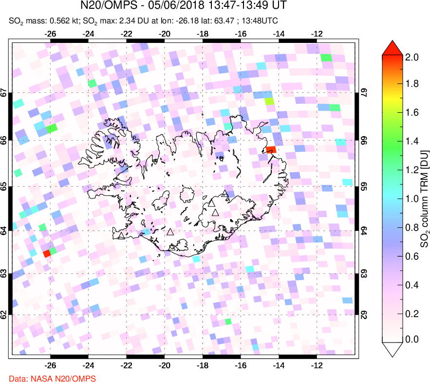 A sulfur dioxide image over Iceland on May 06, 2018.