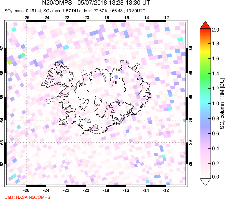 A sulfur dioxide image over Iceland on May 07, 2018.