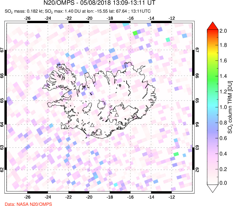 A sulfur dioxide image over Iceland on May 08, 2018.
