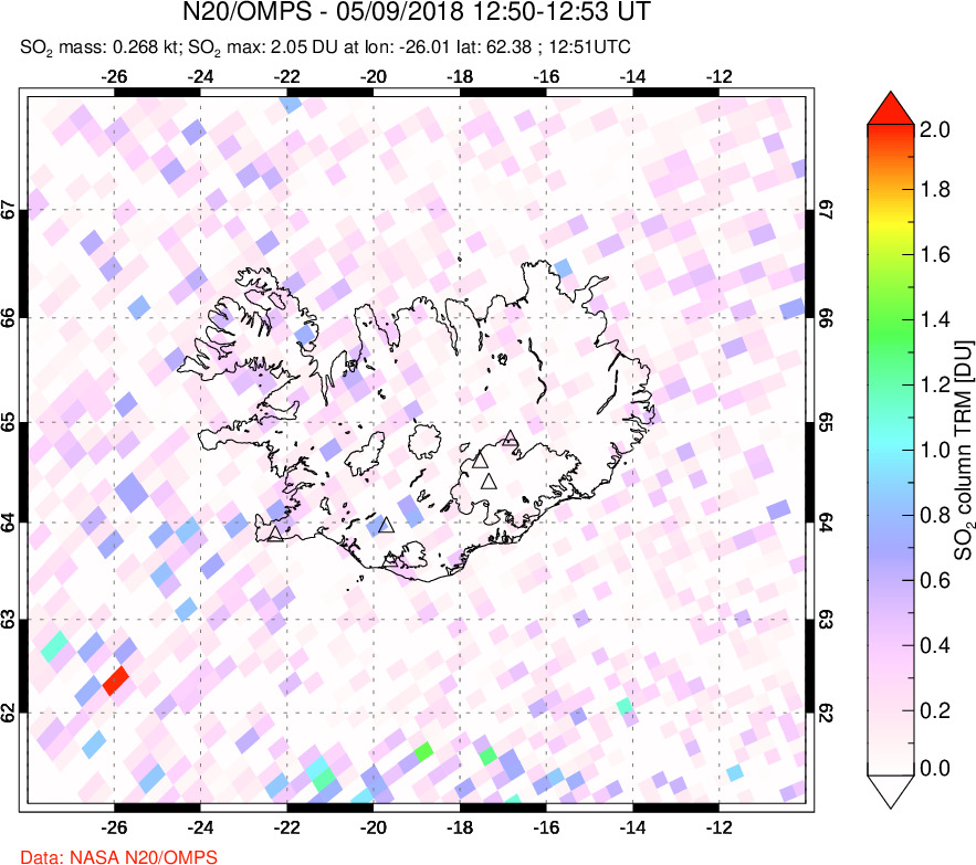 A sulfur dioxide image over Iceland on May 09, 2018.