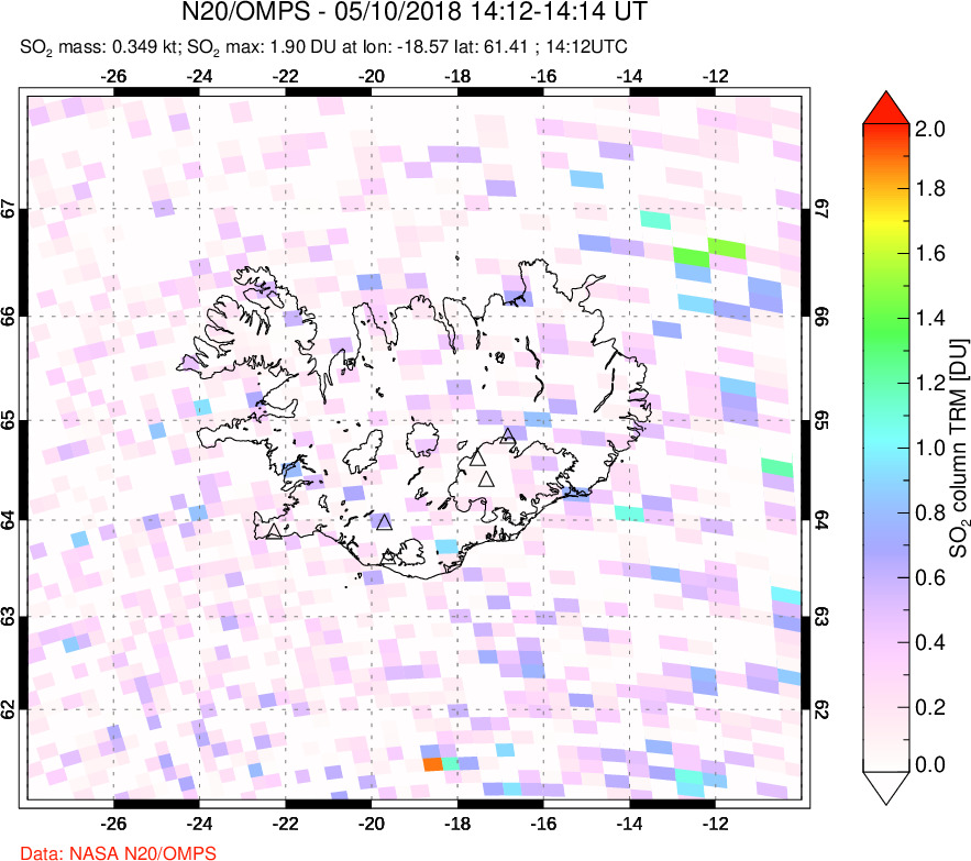 A sulfur dioxide image over Iceland on May 10, 2018.