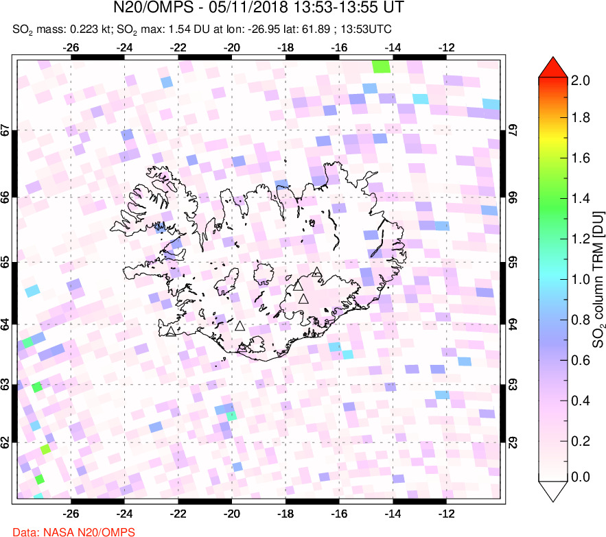 A sulfur dioxide image over Iceland on May 11, 2018.