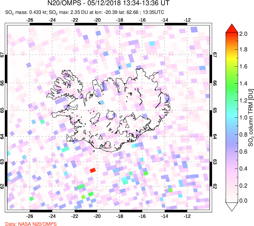 A sulfur dioxide image over Iceland on May 12, 2018.