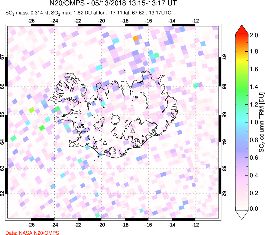 A sulfur dioxide image over Iceland on May 13, 2018.