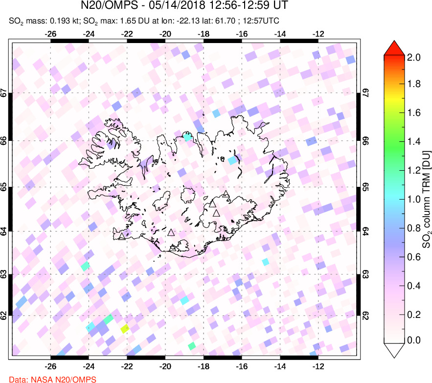 A sulfur dioxide image over Iceland on May 14, 2018.
