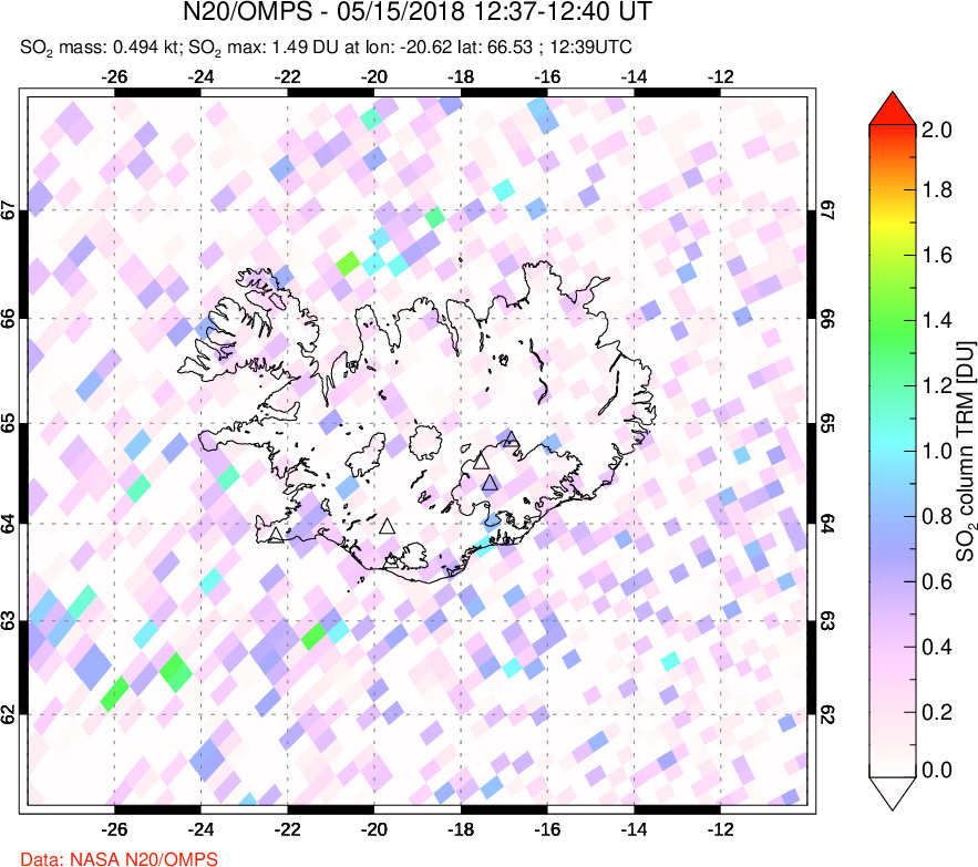 A sulfur dioxide image over Iceland on May 15, 2018.