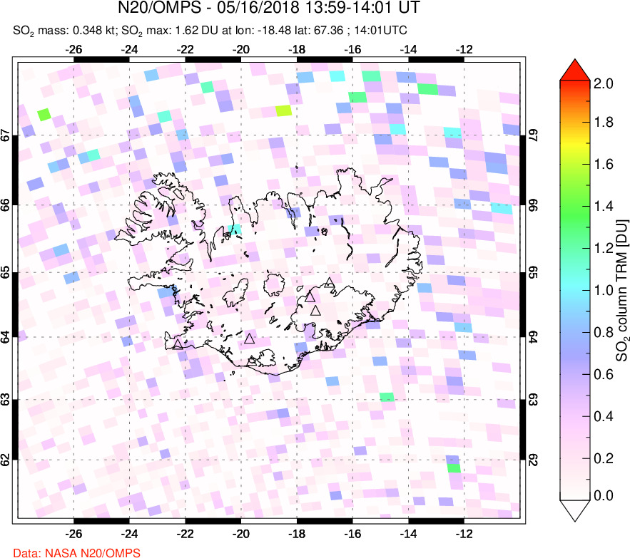 A sulfur dioxide image over Iceland on May 16, 2018.