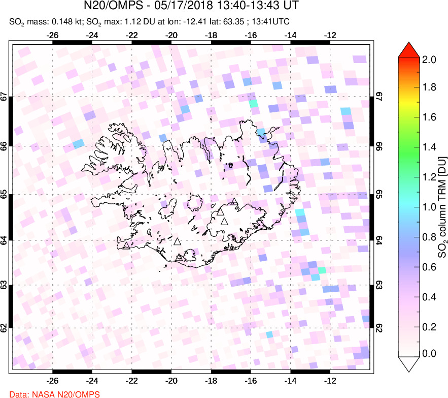 A sulfur dioxide image over Iceland on May 17, 2018.