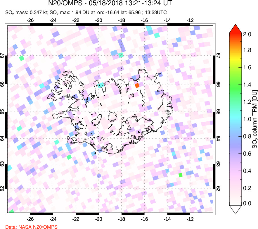 A sulfur dioxide image over Iceland on May 18, 2018.