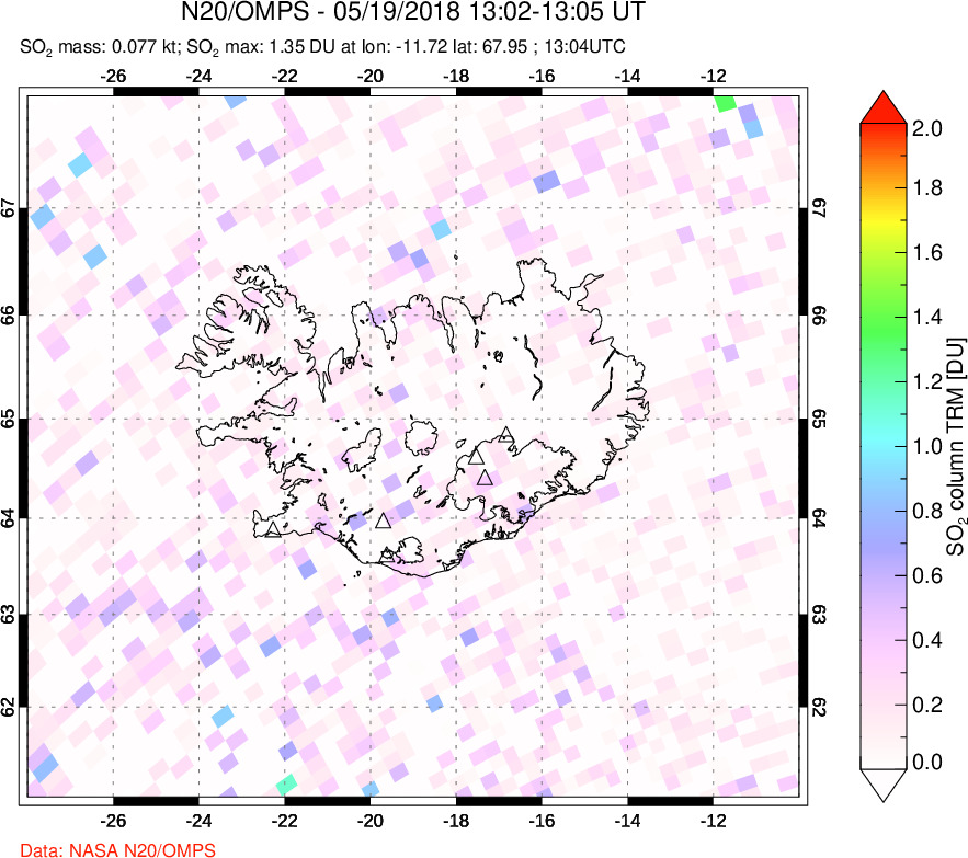 A sulfur dioxide image over Iceland on May 19, 2018.