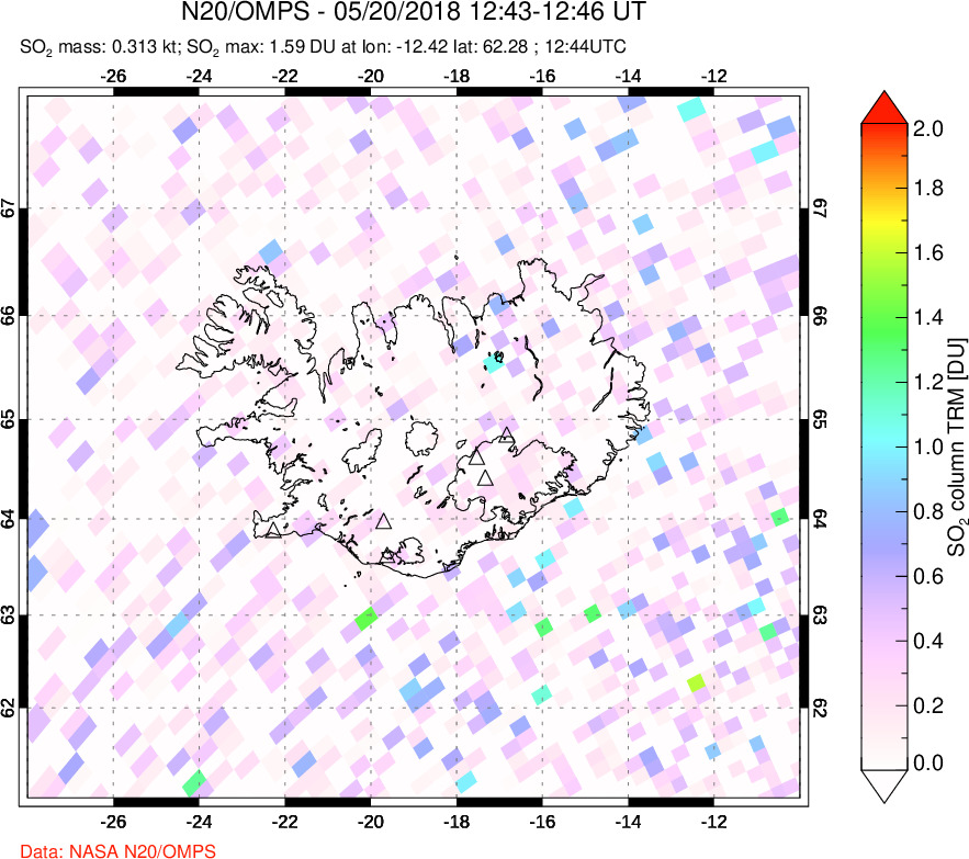 A sulfur dioxide image over Iceland on May 20, 2018.