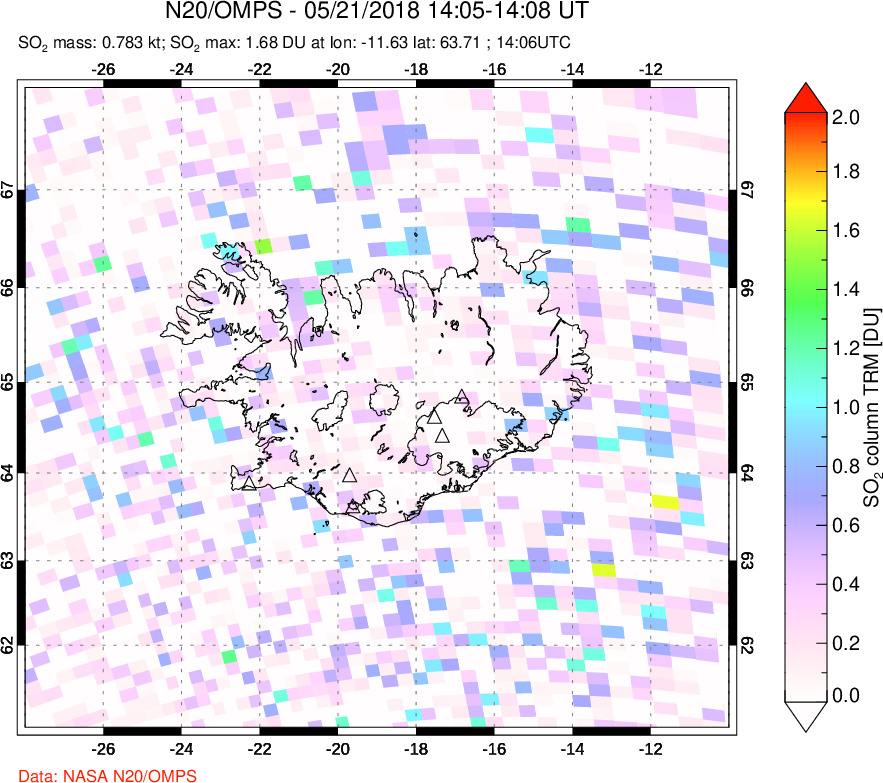 A sulfur dioxide image over Iceland on May 21, 2018.